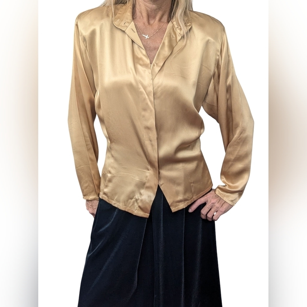 Vintage 90s Ellen Tracy 100% Silk Satin Blouse Champagne Gold 4